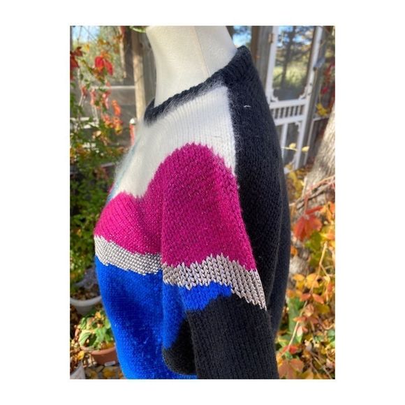 80s Color Block Knit Sweater Crew New Wave Colour Block Sz M - Picture 7 of 13